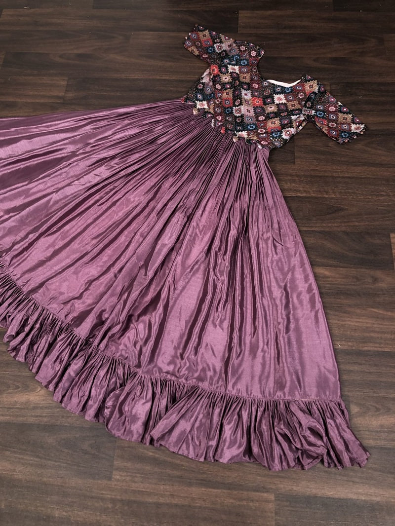 Position Print Work Dusty Pink Color Ruffle Gown