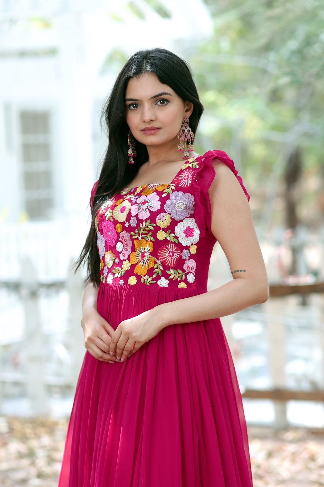 Terrific Pink Color Multi Thread Work Gown