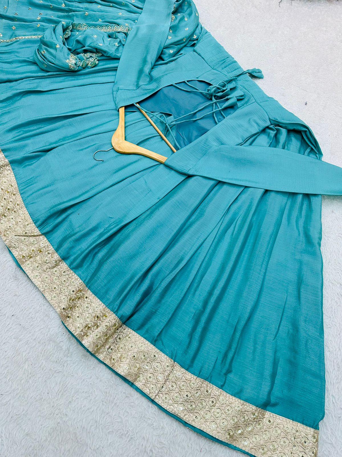 Fabulous Aqua Blue Embroidery Work Long Gown