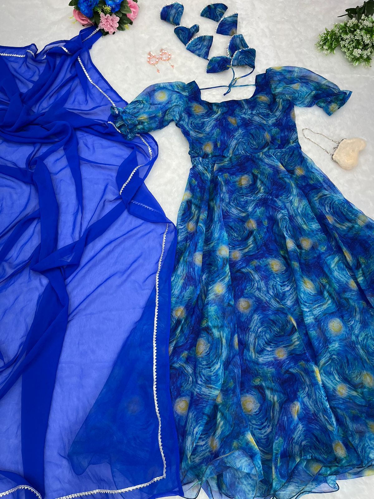 Digital Print Blue Color Organza Silk Gown