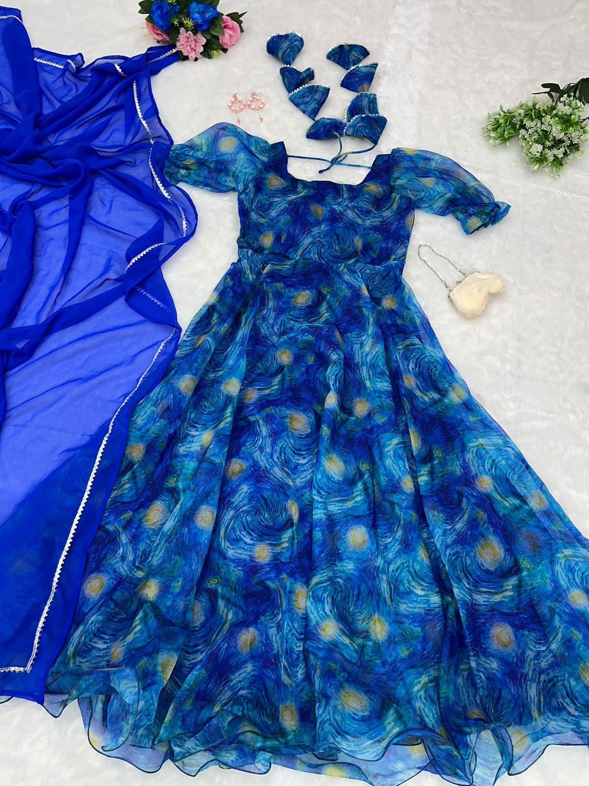 Digital Print Blue Color Organza Silk Gown