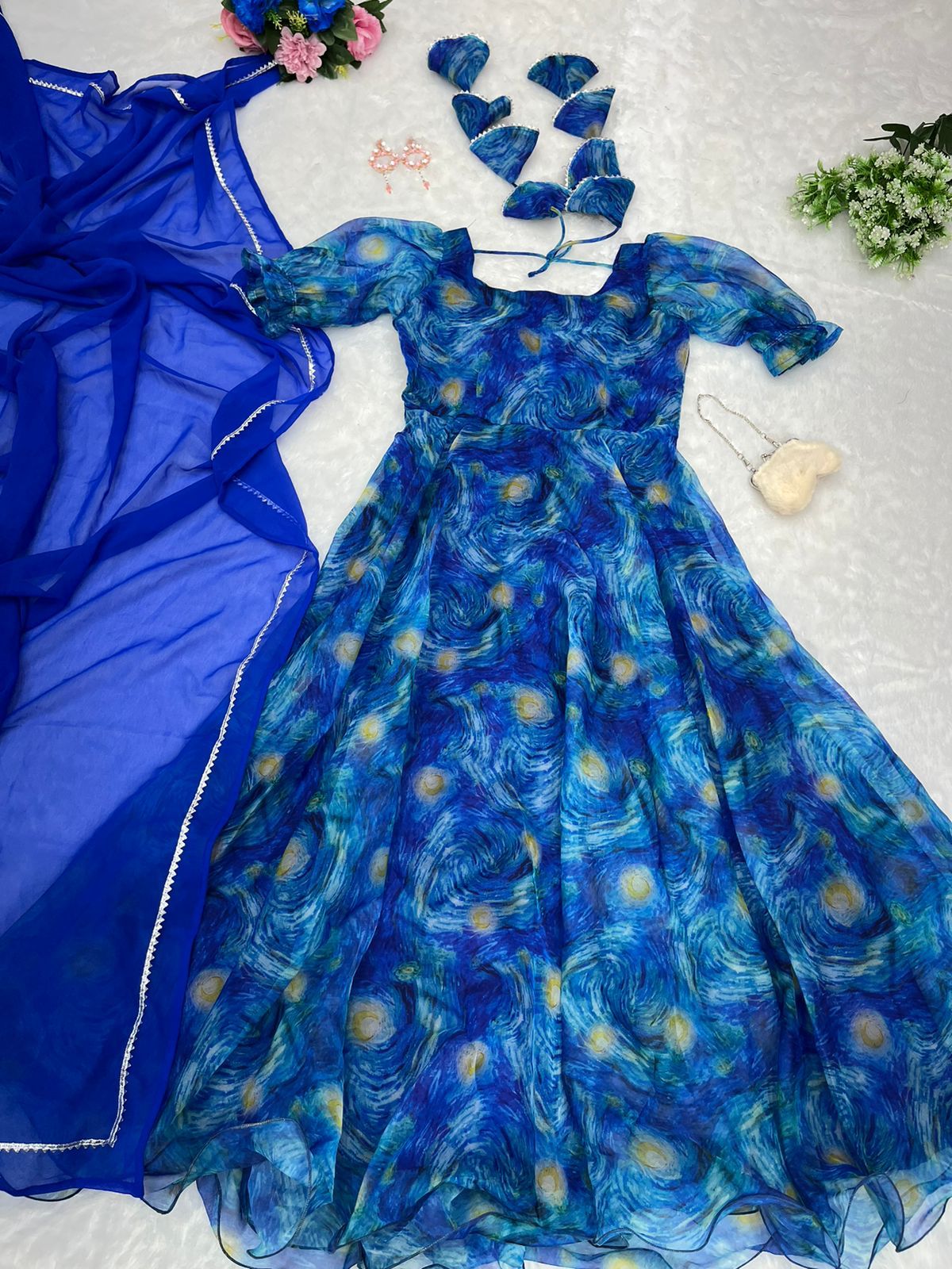 Digital Print Blue Color Organza Silk Gown