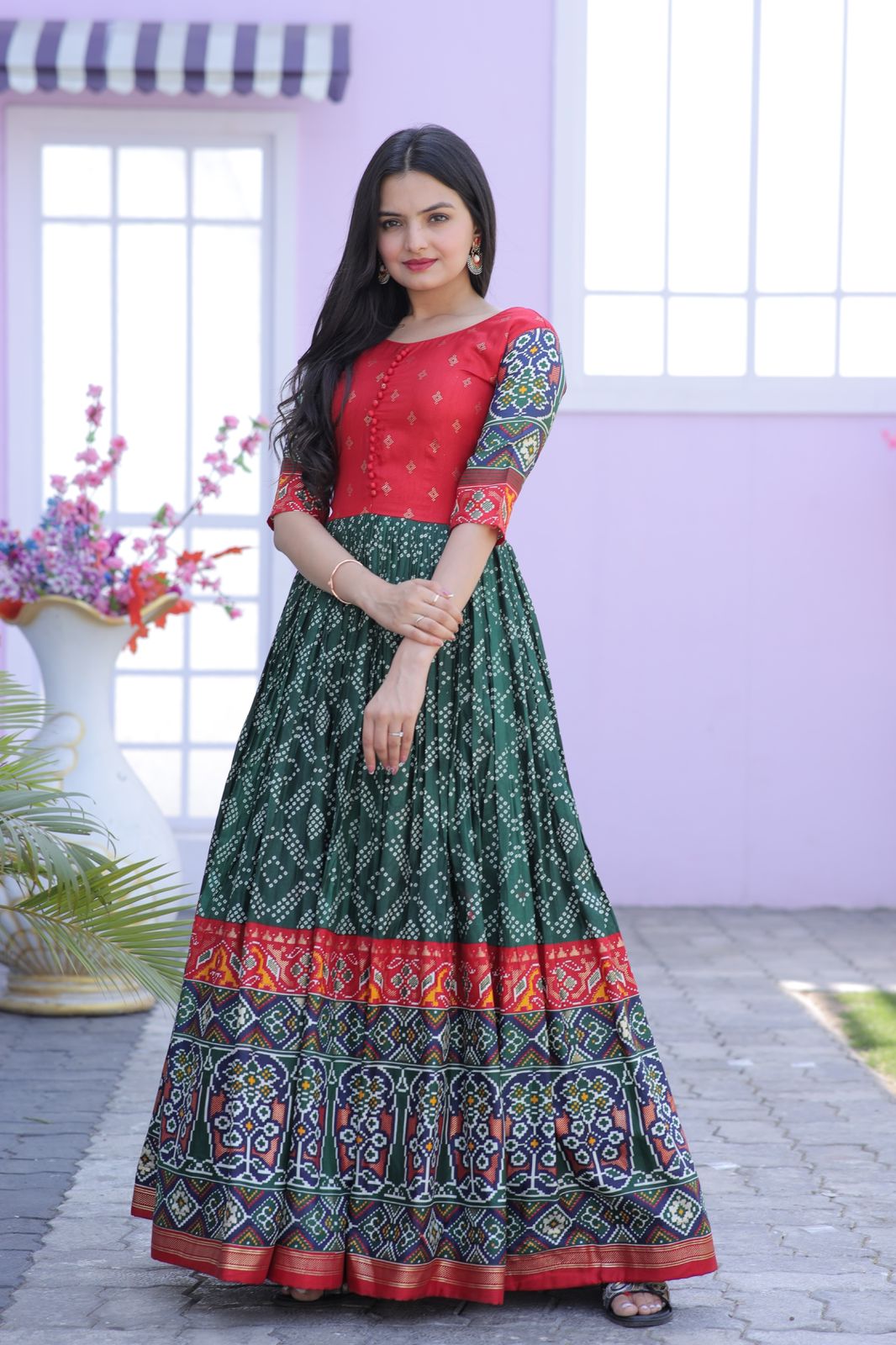 Traditional Green Color Patola Design Gown