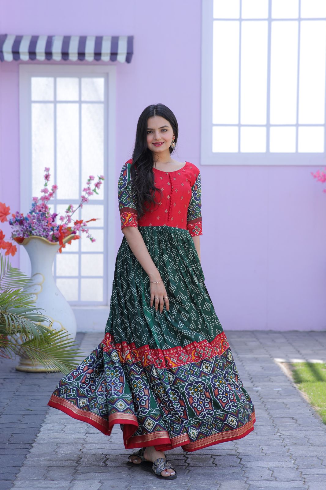 Traditional Green Color Patola Design Gown