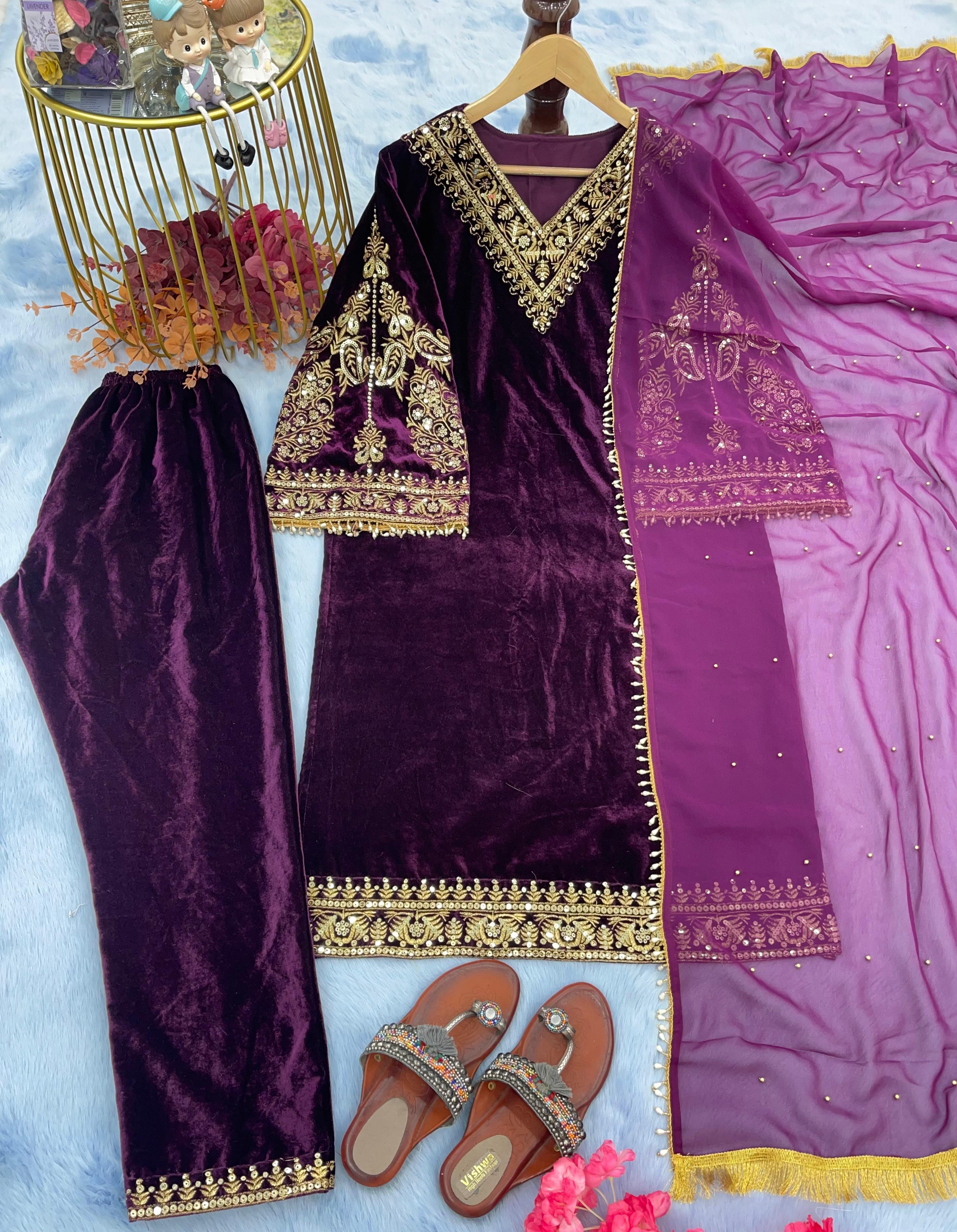 Pretty Purple Color Bell Sleeve Velvet Salwar Suit