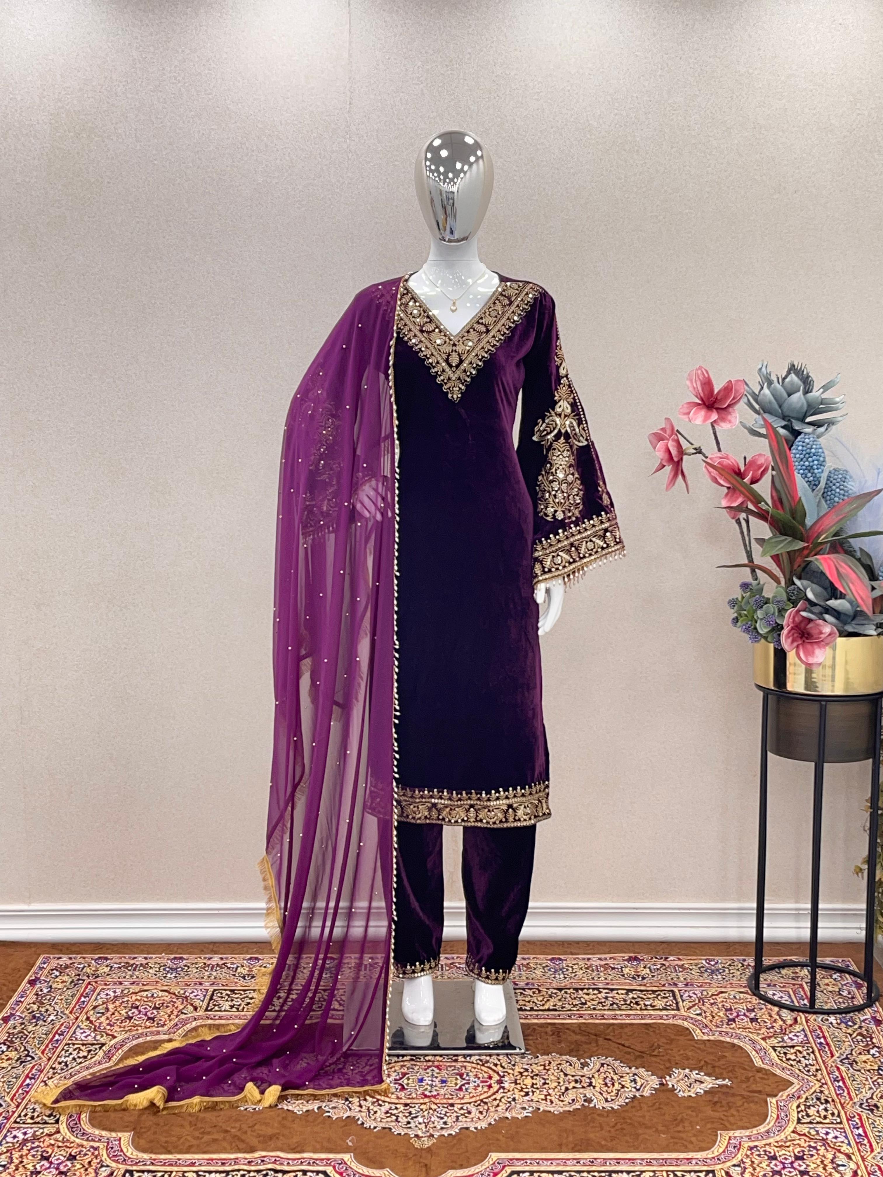 Pretty Purple Color Bell Sleeve Velvet Salwar Suit