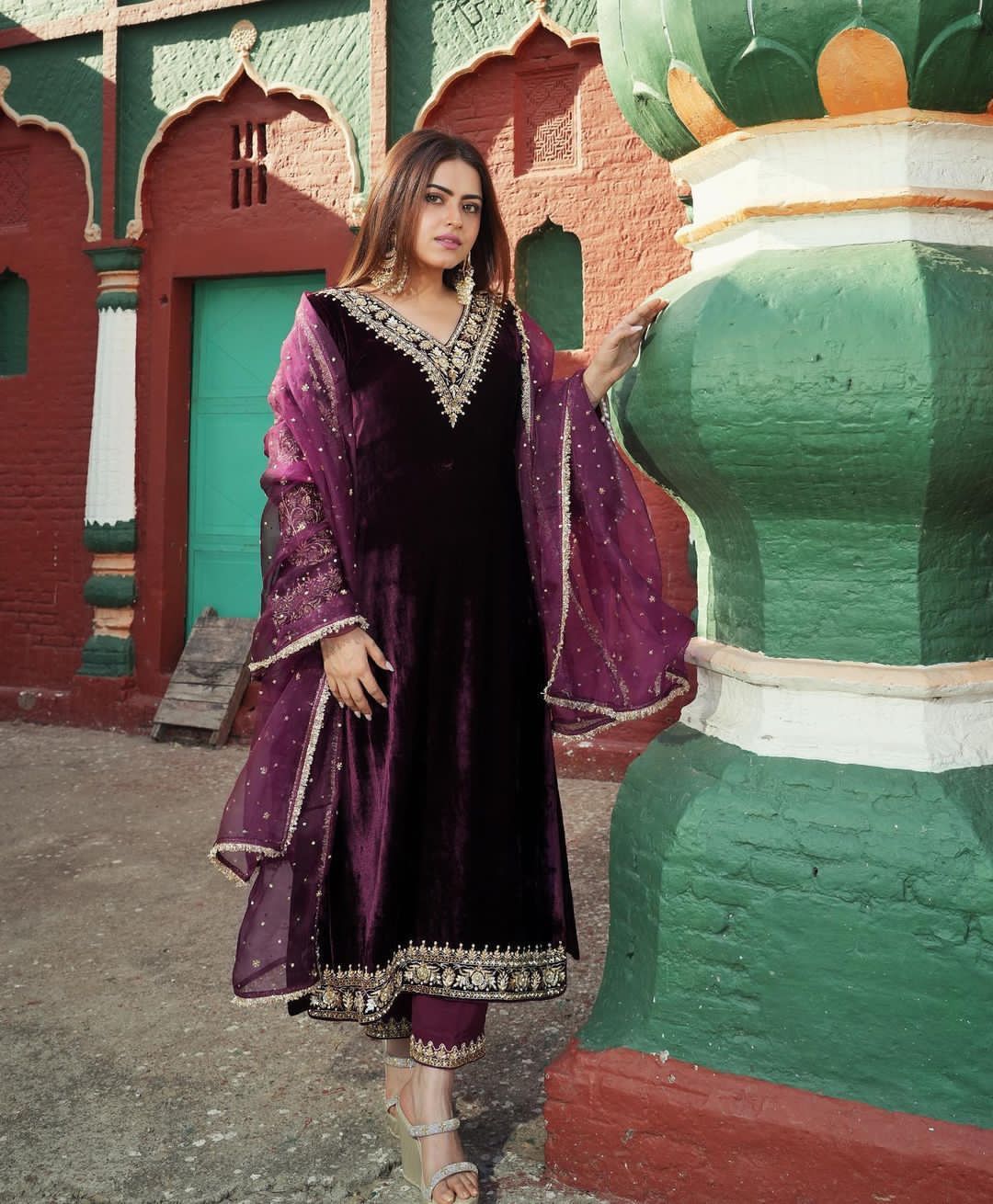 Pretty Purple Color Bell Sleeve Velvet Salwar Suit