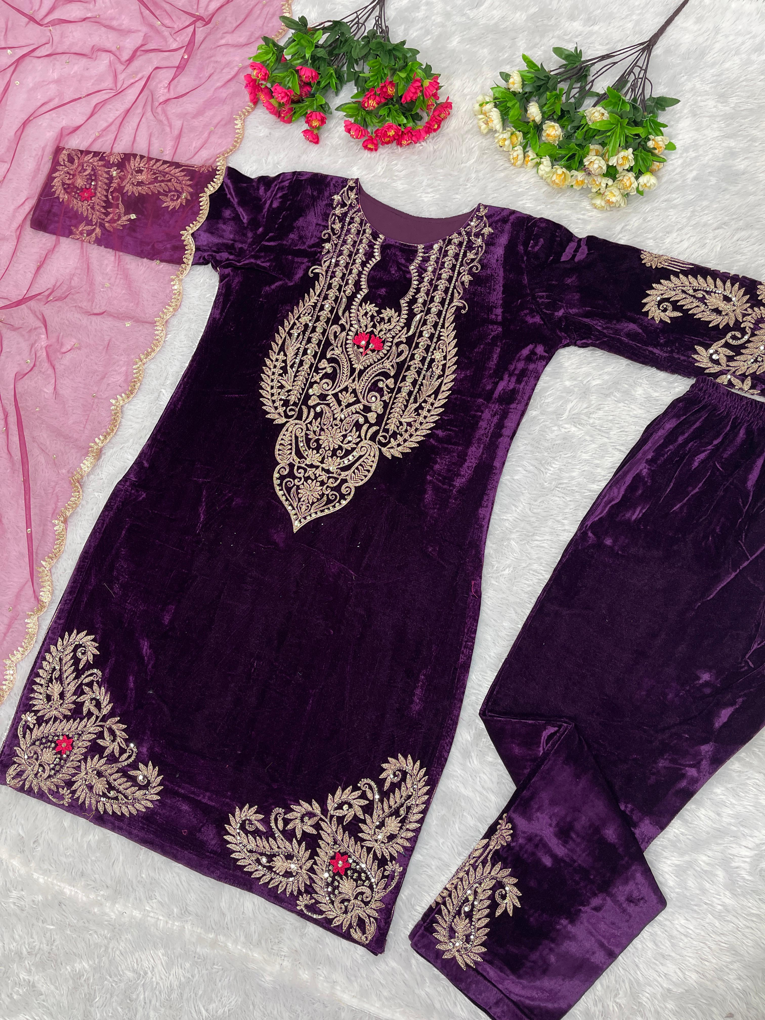 Purple Color Velvet Sequence Work Plazzo Suit