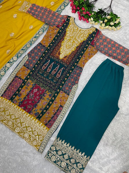 Trendy Yellow Color Multi Print With Work Sharara Suit