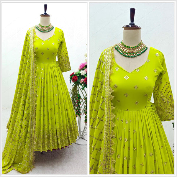 Dazzling Parrot Green Color Sequence Anarkali Gown