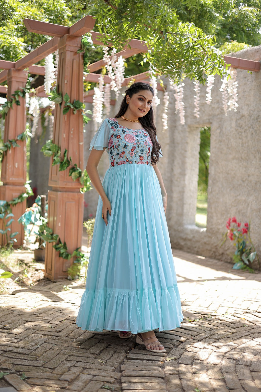 Trendy Sky Blue Color Multi Thread Work Gown