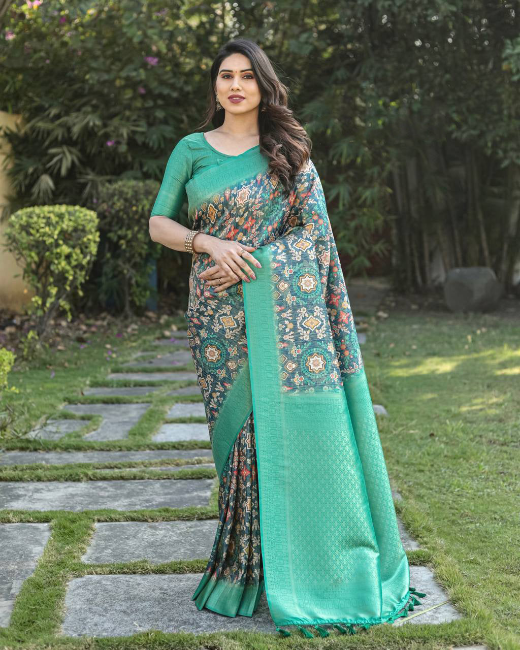 Digital Print With Golden Weaving Aqua Green Banarasi Saree