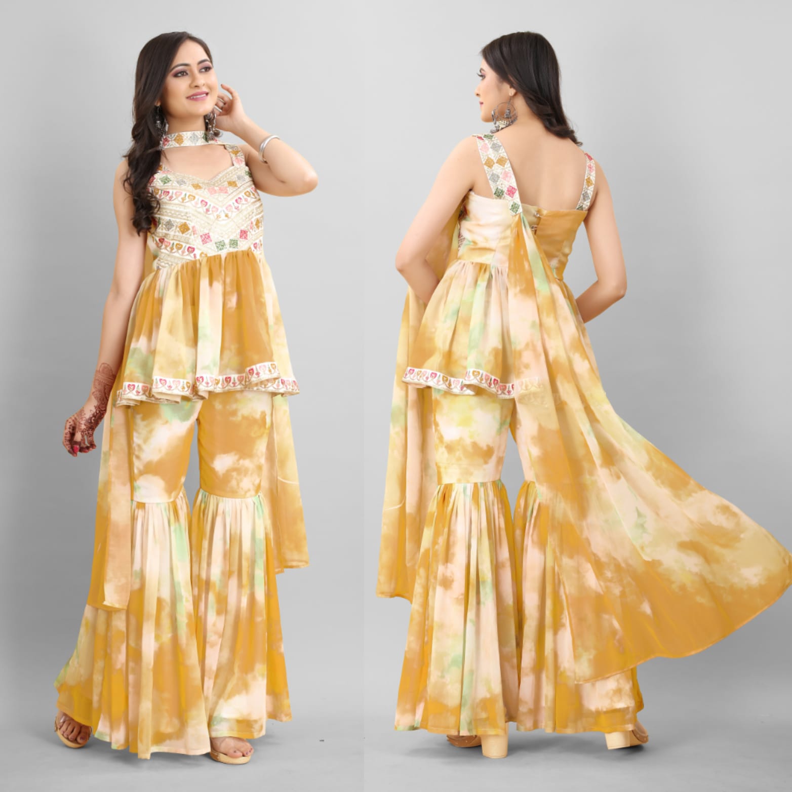 Mustard Color Tie Dye Thread Sequence Work Sharara Suit