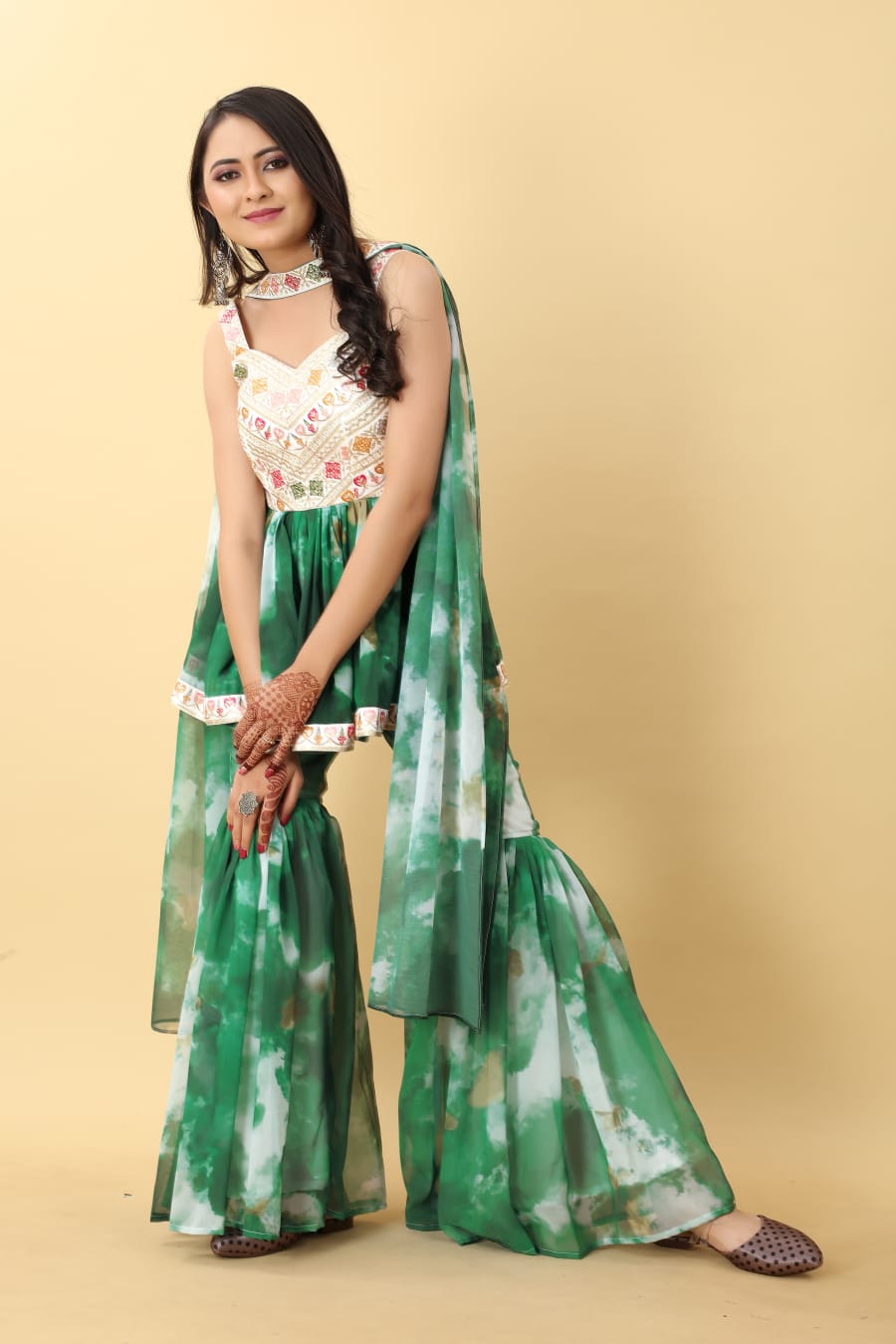 Green Color Tie Dye Thread Sequence Work Sharara Suit