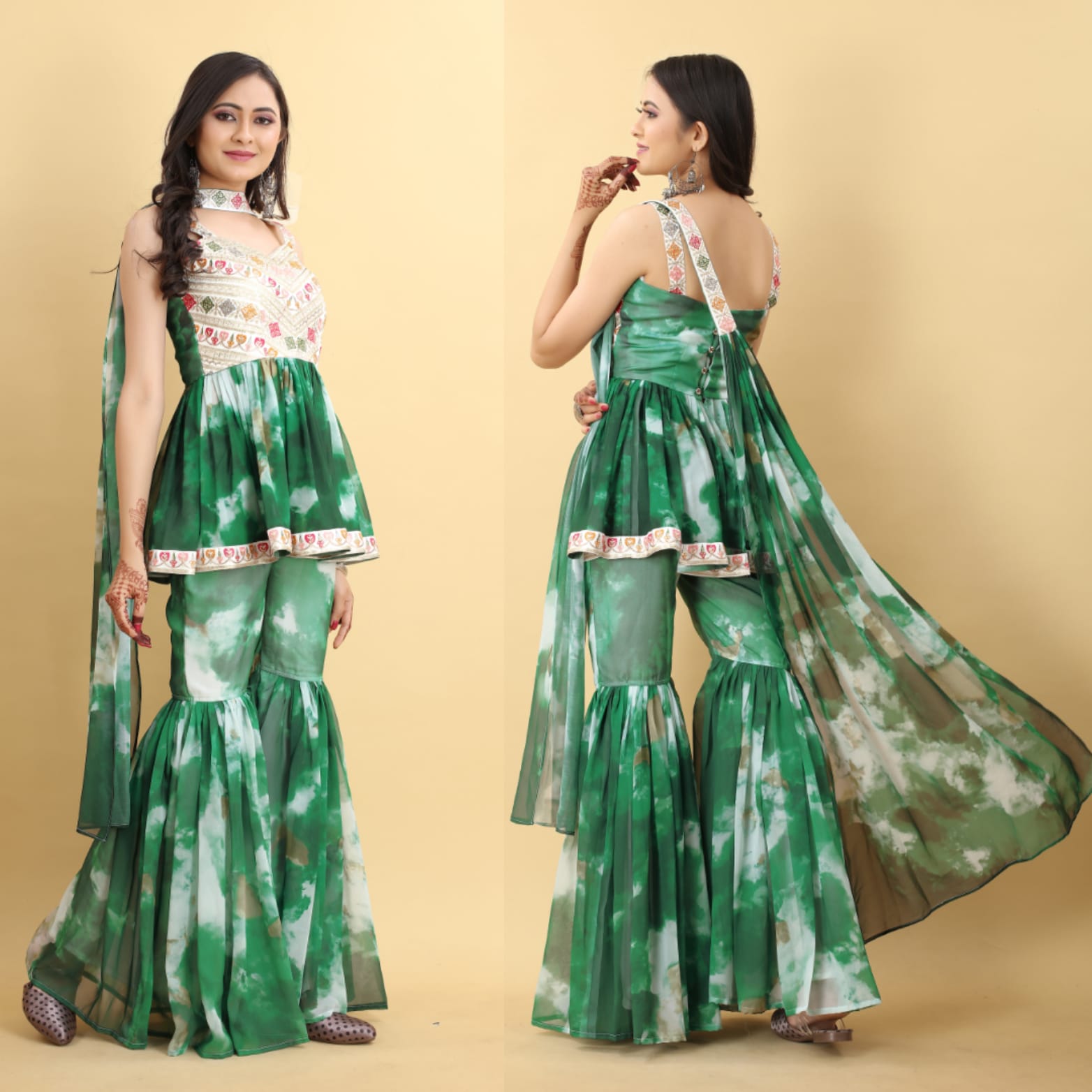 Green Color Tie Dye Thread Sequence Work Sharara Suit