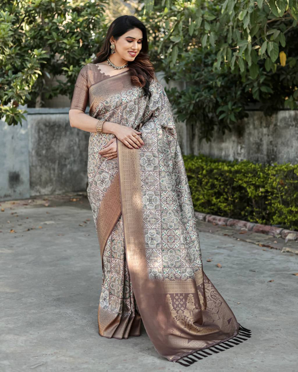 Rich Golden Weaving Print Brown Color Banarasi Saree