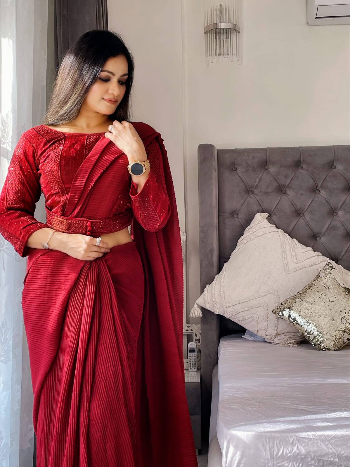 Maroon Color Crushed Saree With Fancy Attached Belt Blouse