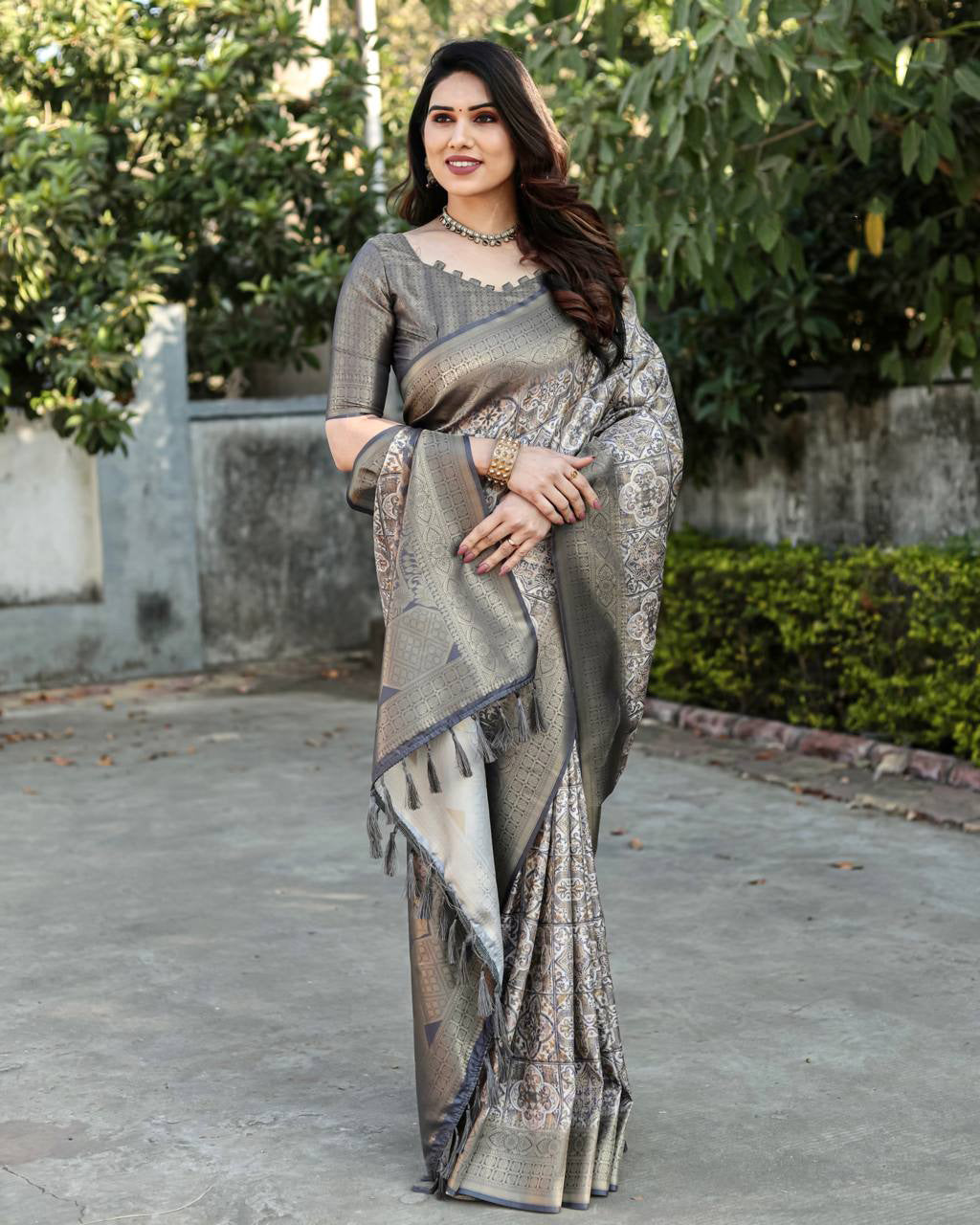 Rich Golden Weaving Print Dark Grey Color Banarasi Saree