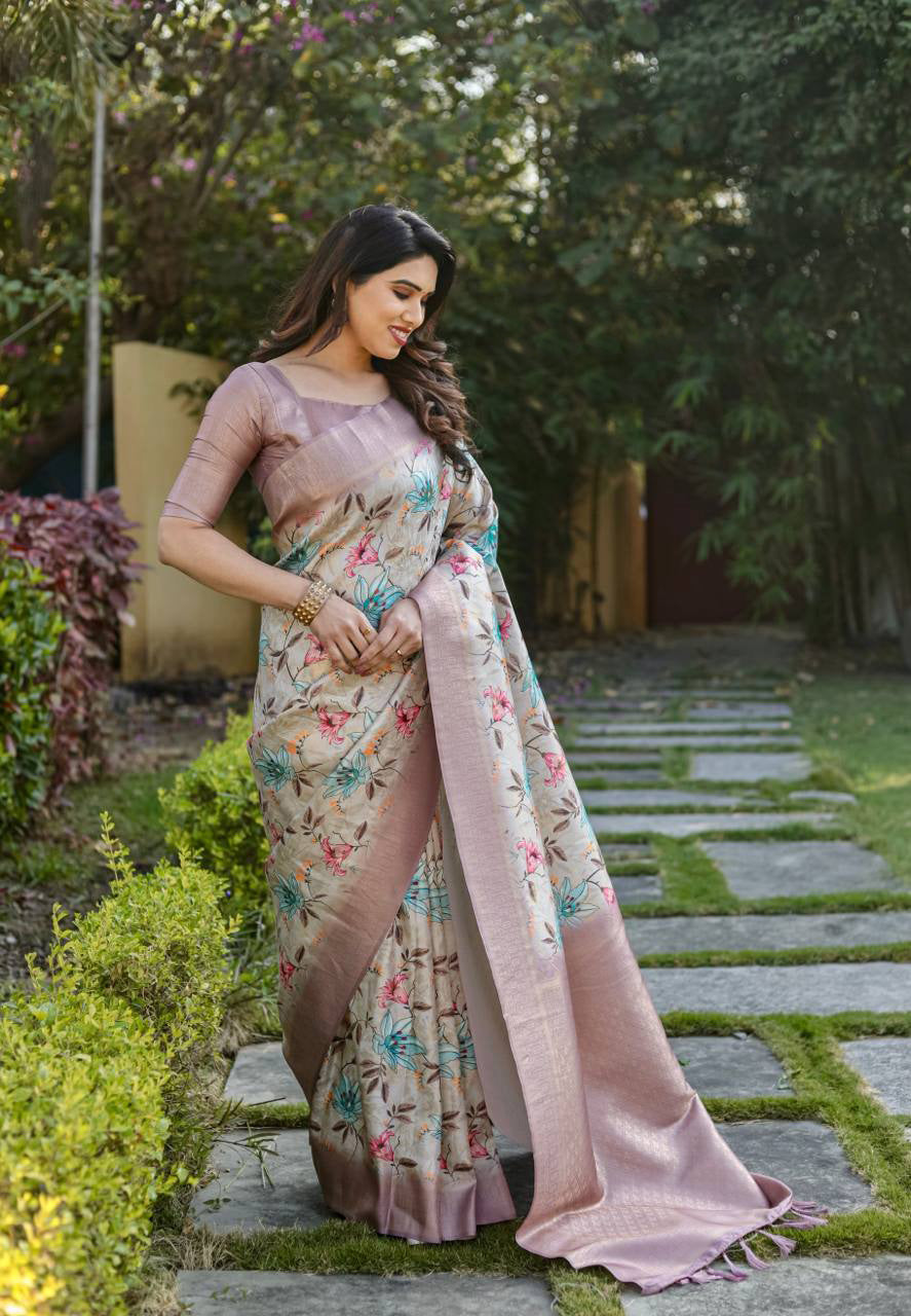 Rich Golden Weaving Print Pink Color Banarasi Saree