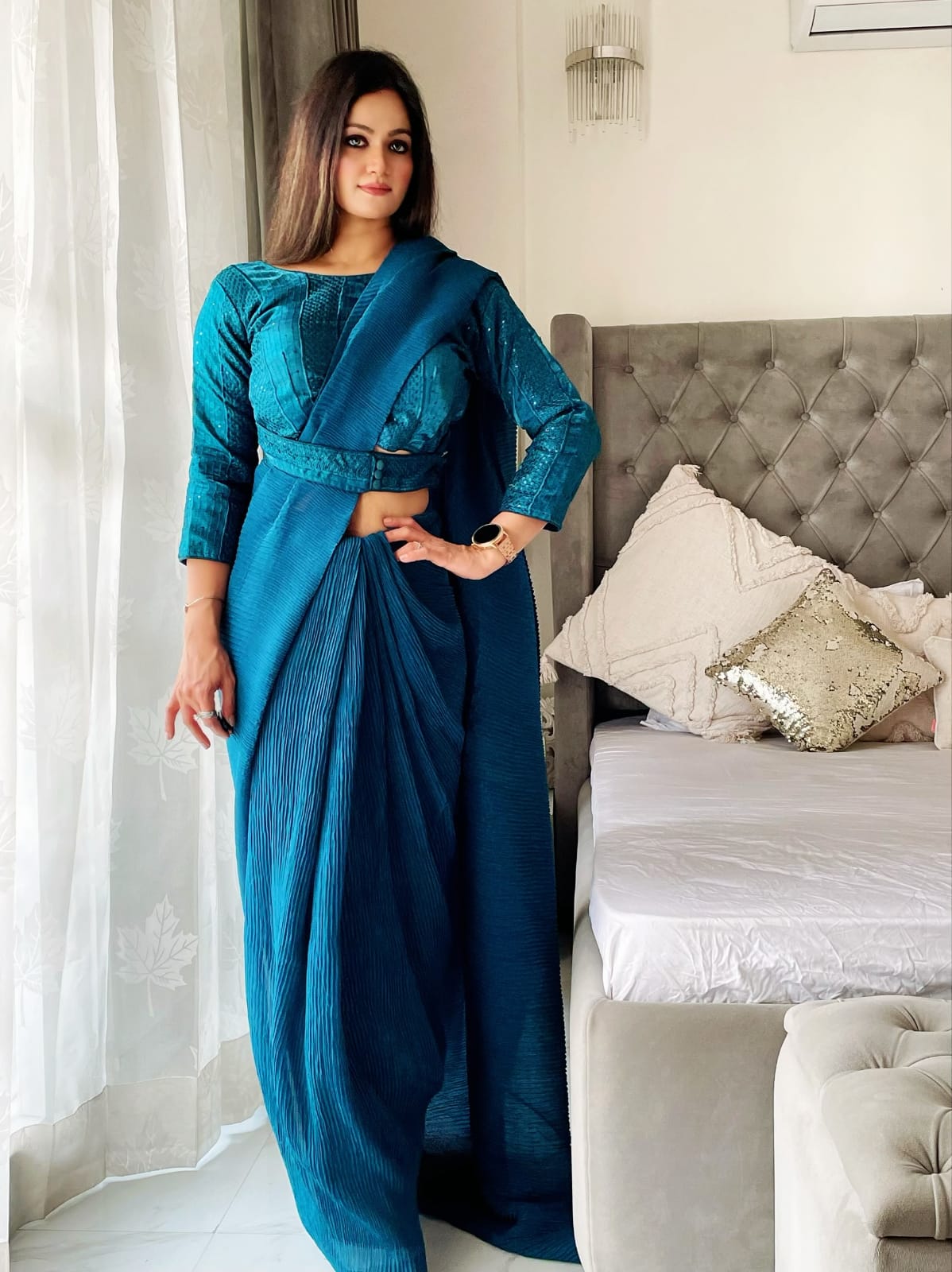 Blue Color Crushed Saree With Fancy Attached Belt Blouse