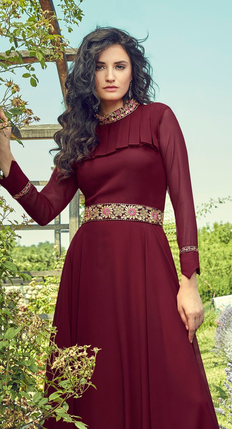 Maroon Color Embroidered Work Georgette Gown