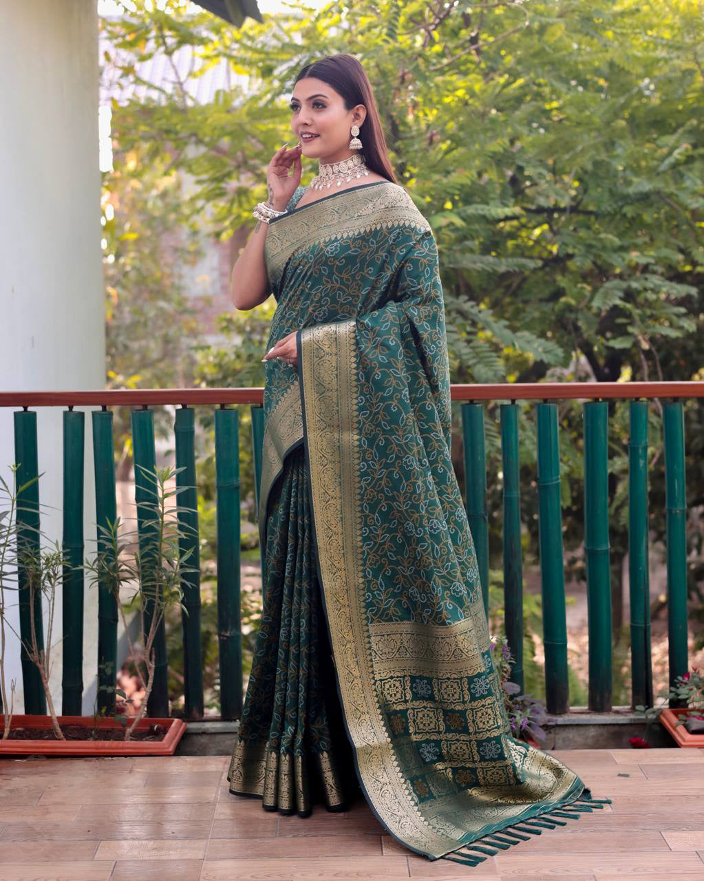 Bandhej Designed Zari Patola Weaving Green Saree