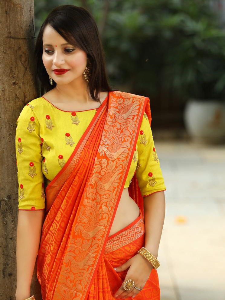 Charming Orange Color Soft Banarasi Silk Saree With Yellow Blouse