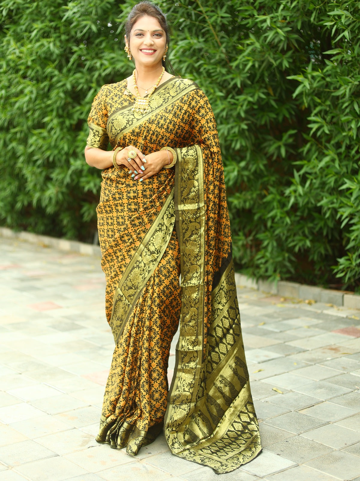 Beautiful Yellow With Mehendi Ajrakh Zari Weaving Saree