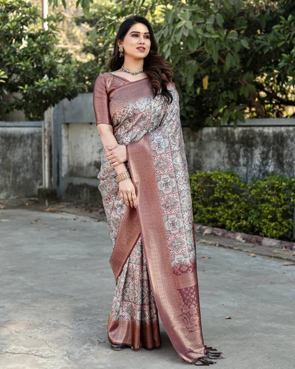Rich Golden Weaving Print Maroon Color Banarasi Saree