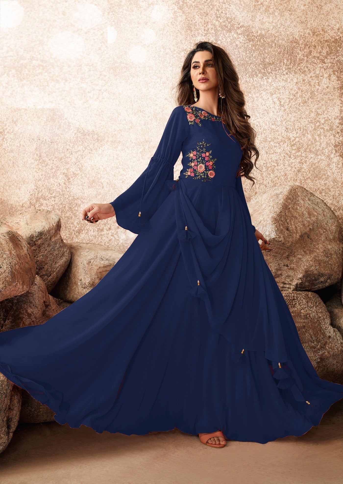 Beautiful Navy Blue Color Embroidered Work Georgette Gown