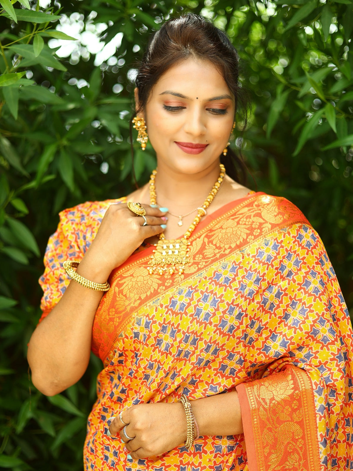 Beautiful Yellow With Orange Ajrakh Zari Weaving Saree