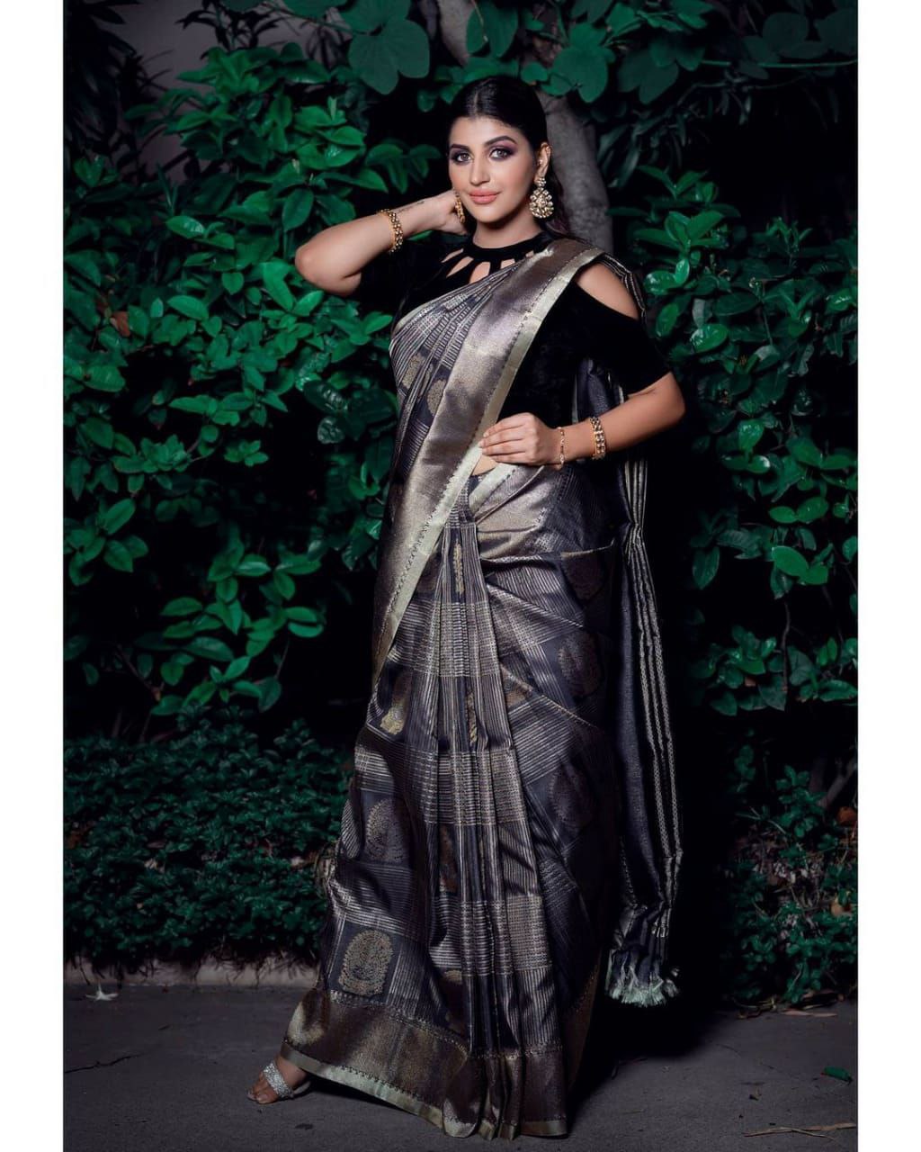 Imposing Black Color Soft Lichi Silk Saree