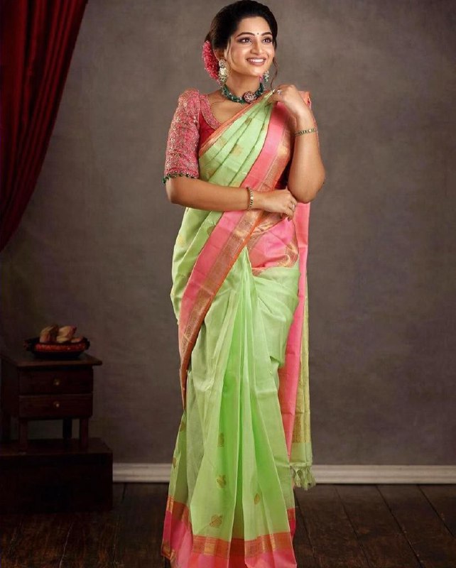 Wonderful Pista Green And Pink Color Silk Saree