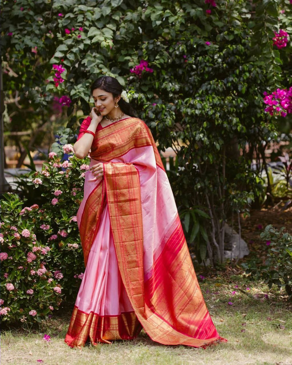 Glorious Light Pink Color Golden Work Saree