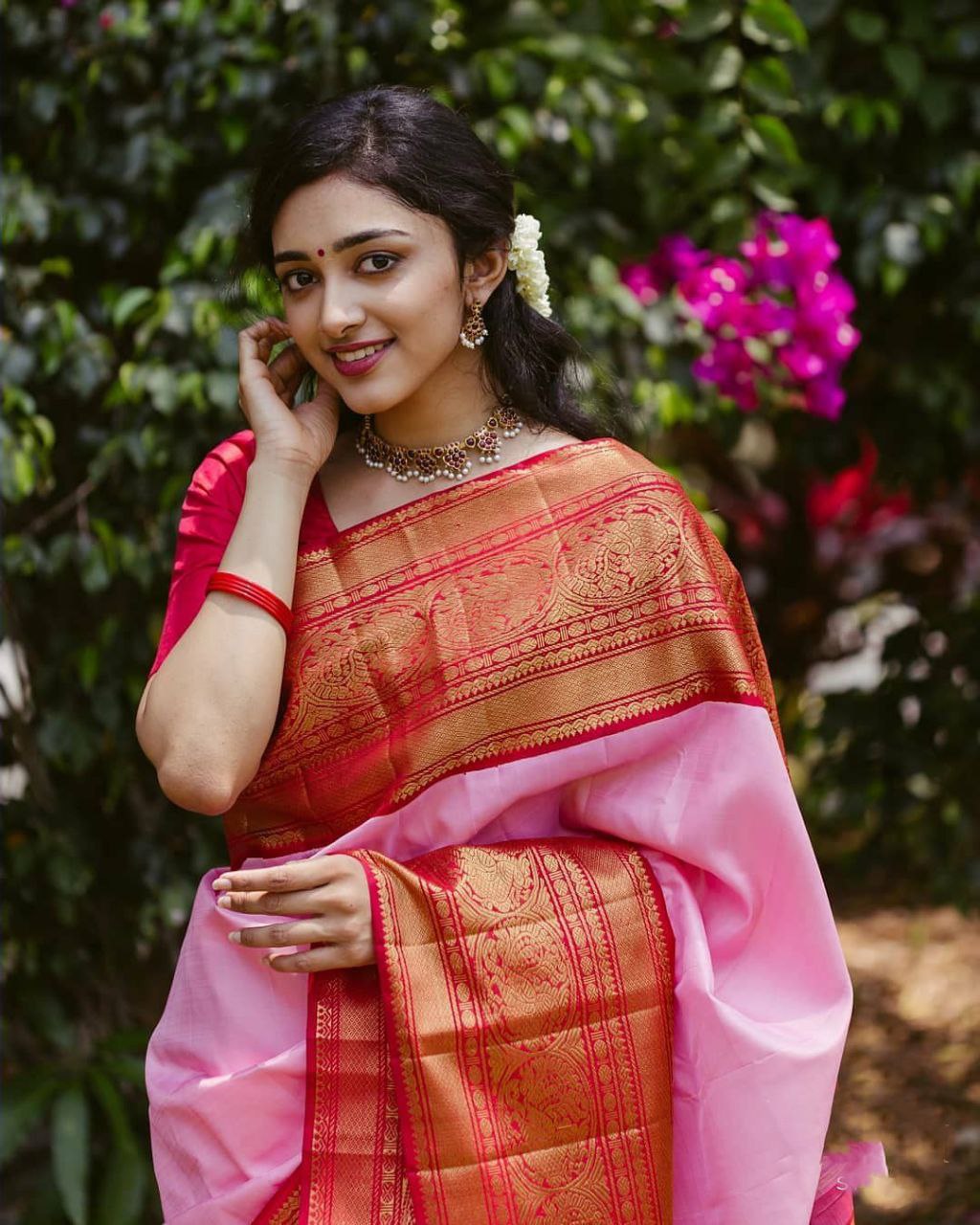 Glorious Light Pink Color Golden Work Saree