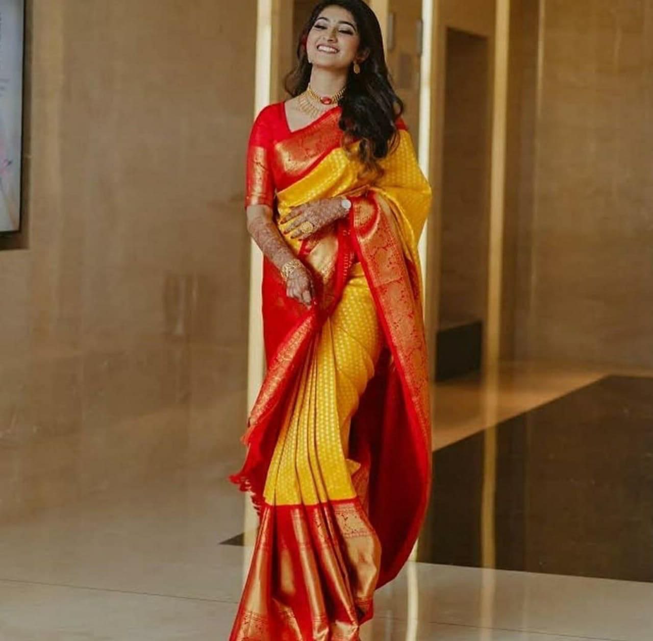 Glossy Yellow With Red Color Soft Lichi Silk Saree