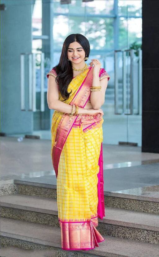 Charming Yellow With Pink Color Soft Lichi Silk Saree