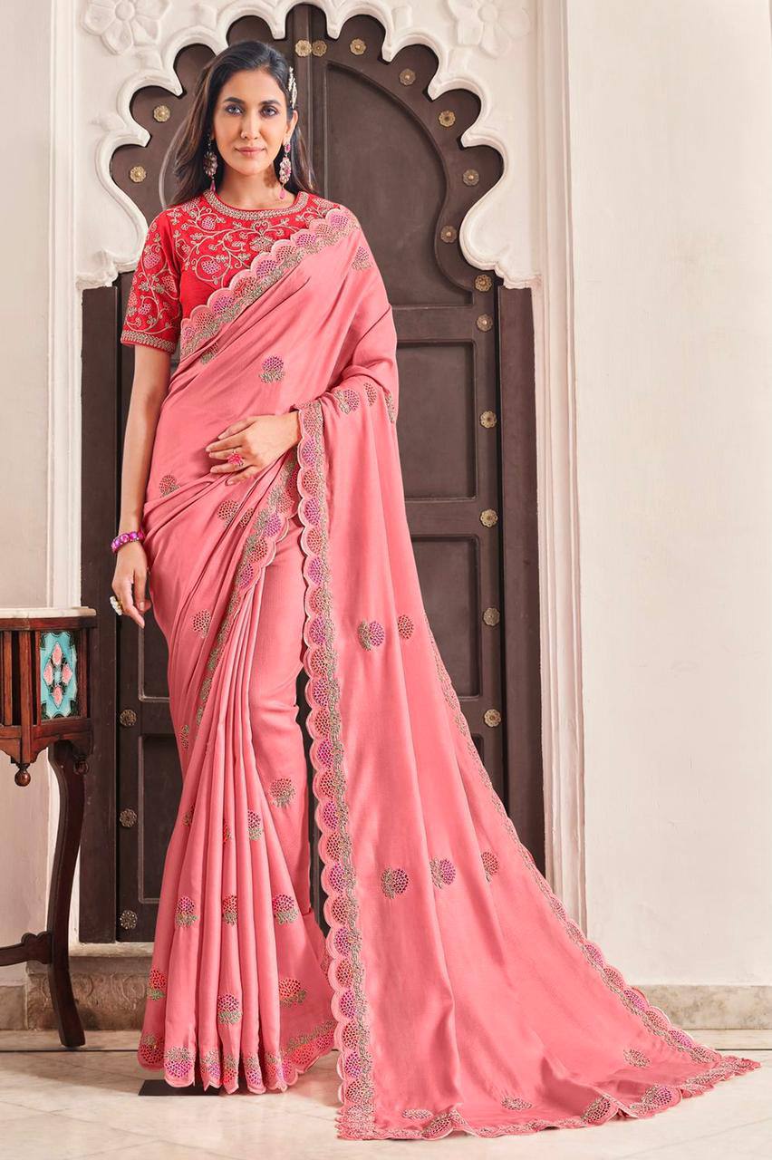 Party Wear Peach Color Embroidered Work Saree