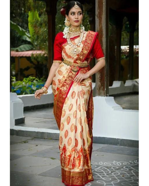 Wedding Wear White With Red Color Soft Silk Saree