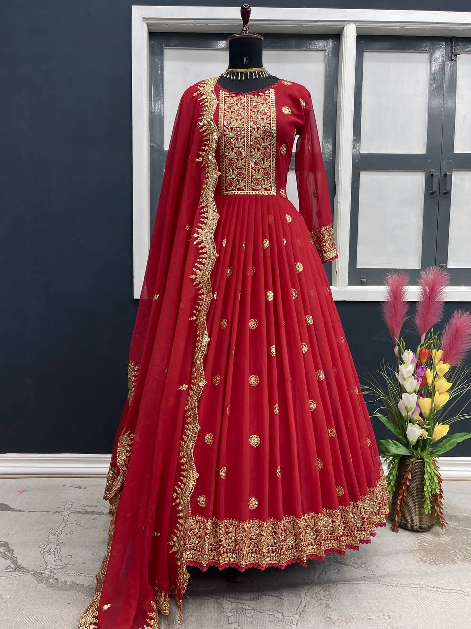 Party Wear Red Color Embroidery Sequence Work Gown
