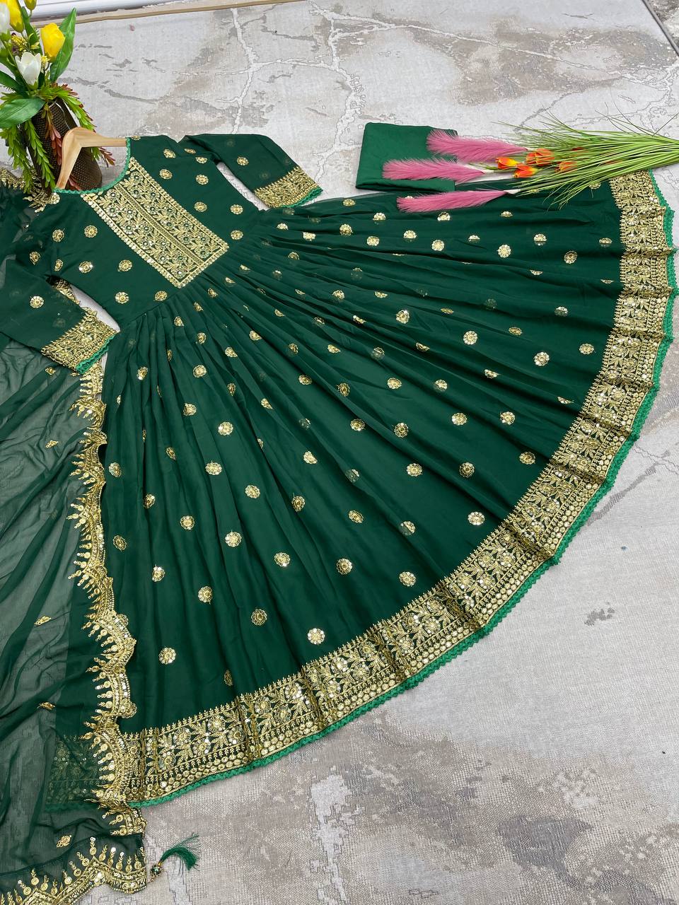 Party Wear Green Color Embroidery Sequence Work Gown