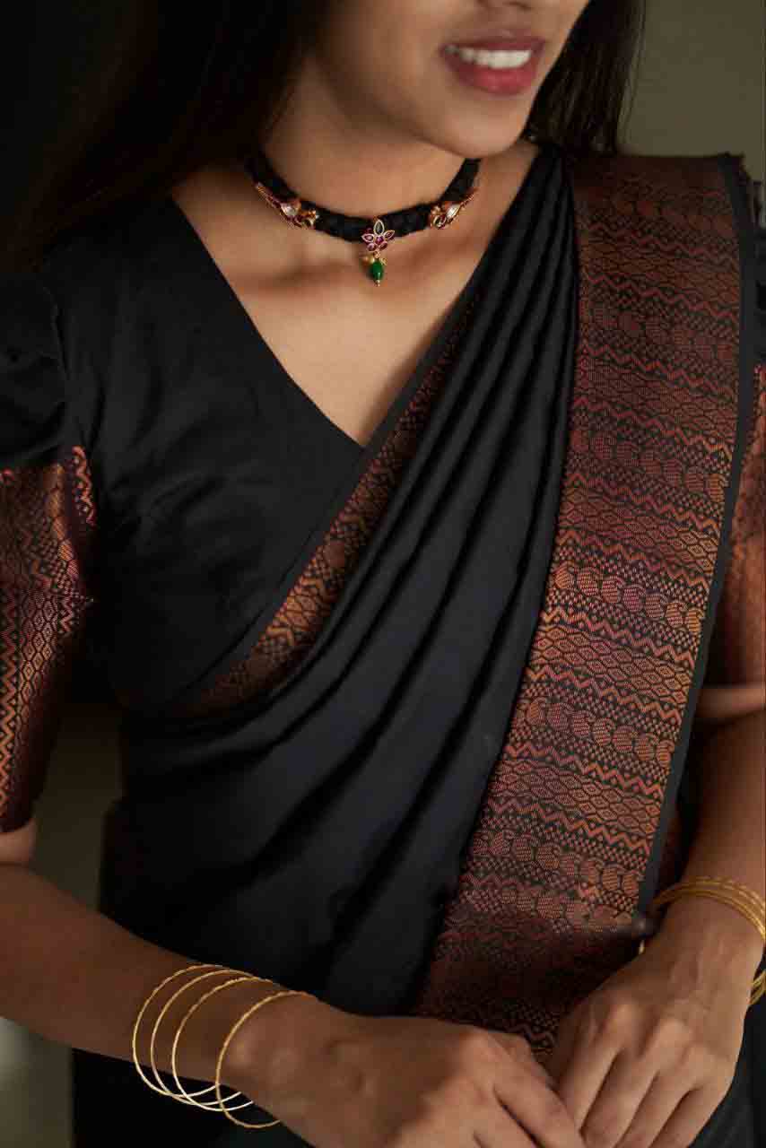 Pretty Black Color Soft Silk Coper Zari Weaving Saree