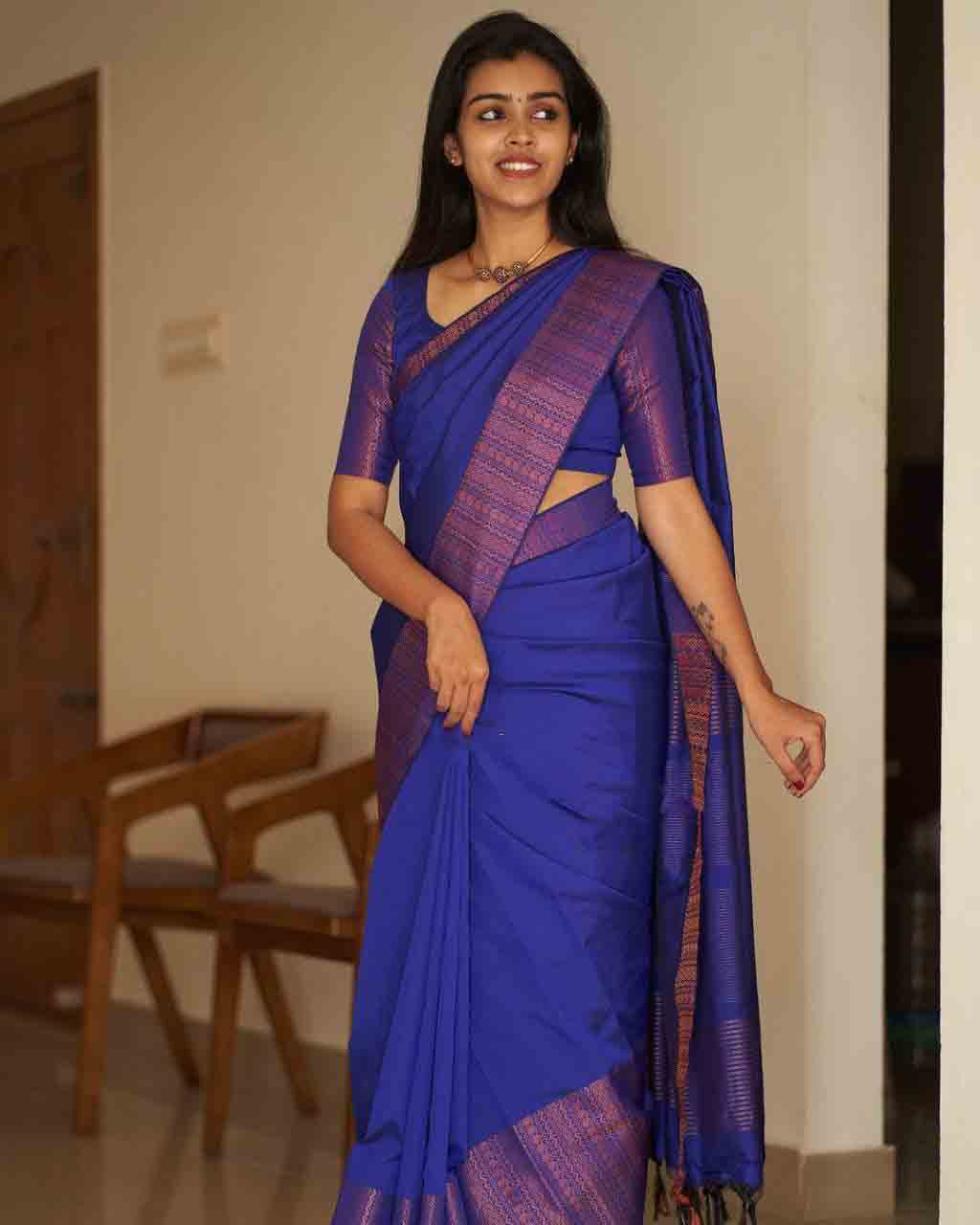 Fancy Blue Color Soft Silk Coper Zari Weaving Saree
