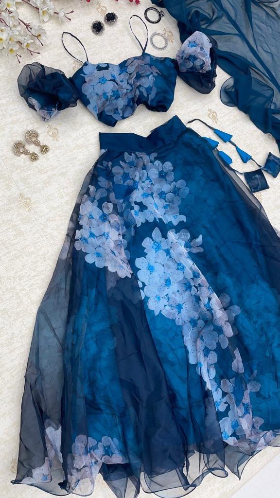 Navy Blue Color Organza Silk Printed Lehenga With Fancy Printed Choli