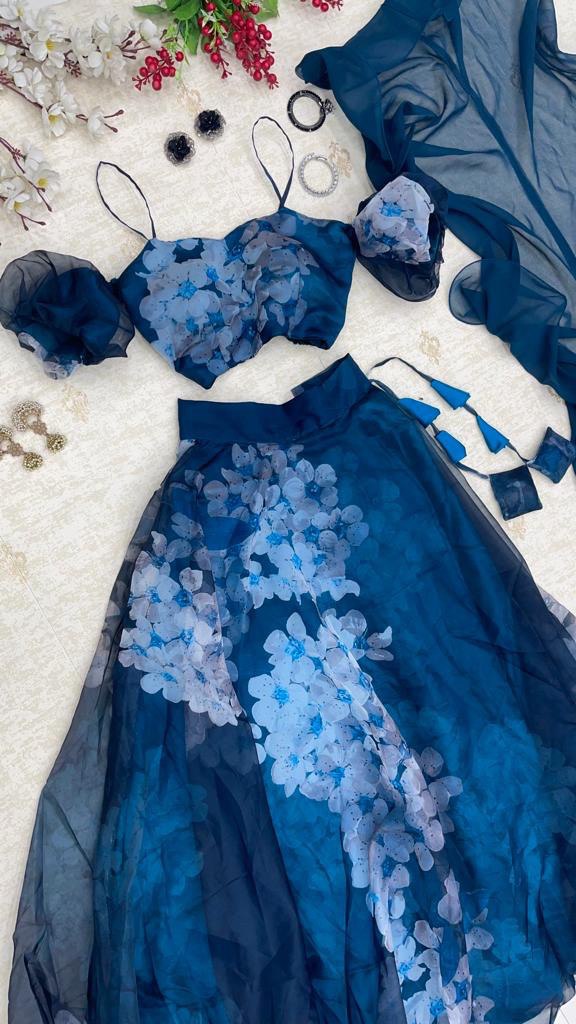 Navy Blue Color Organza Silk Printed Lehenga With Fancy Printed Choli