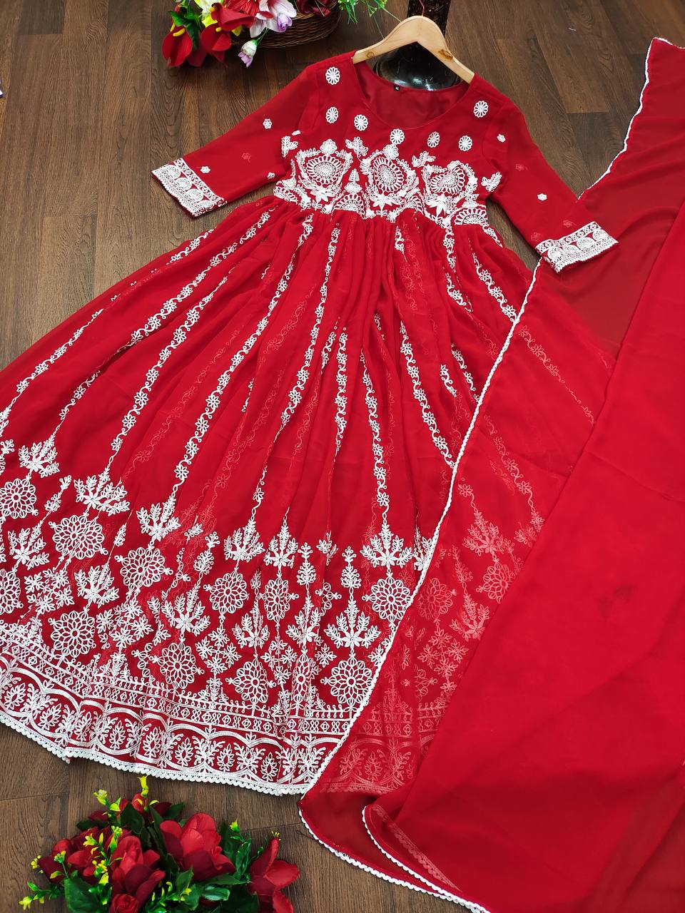 Fancy Embroidery Design Work Red Color Gown