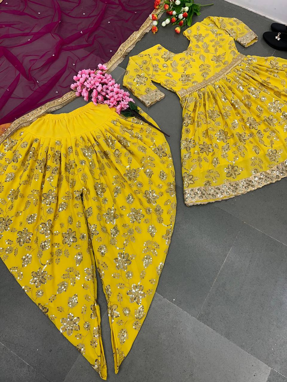 Embellished Yellow Color Sequence Work Dhoti Suit