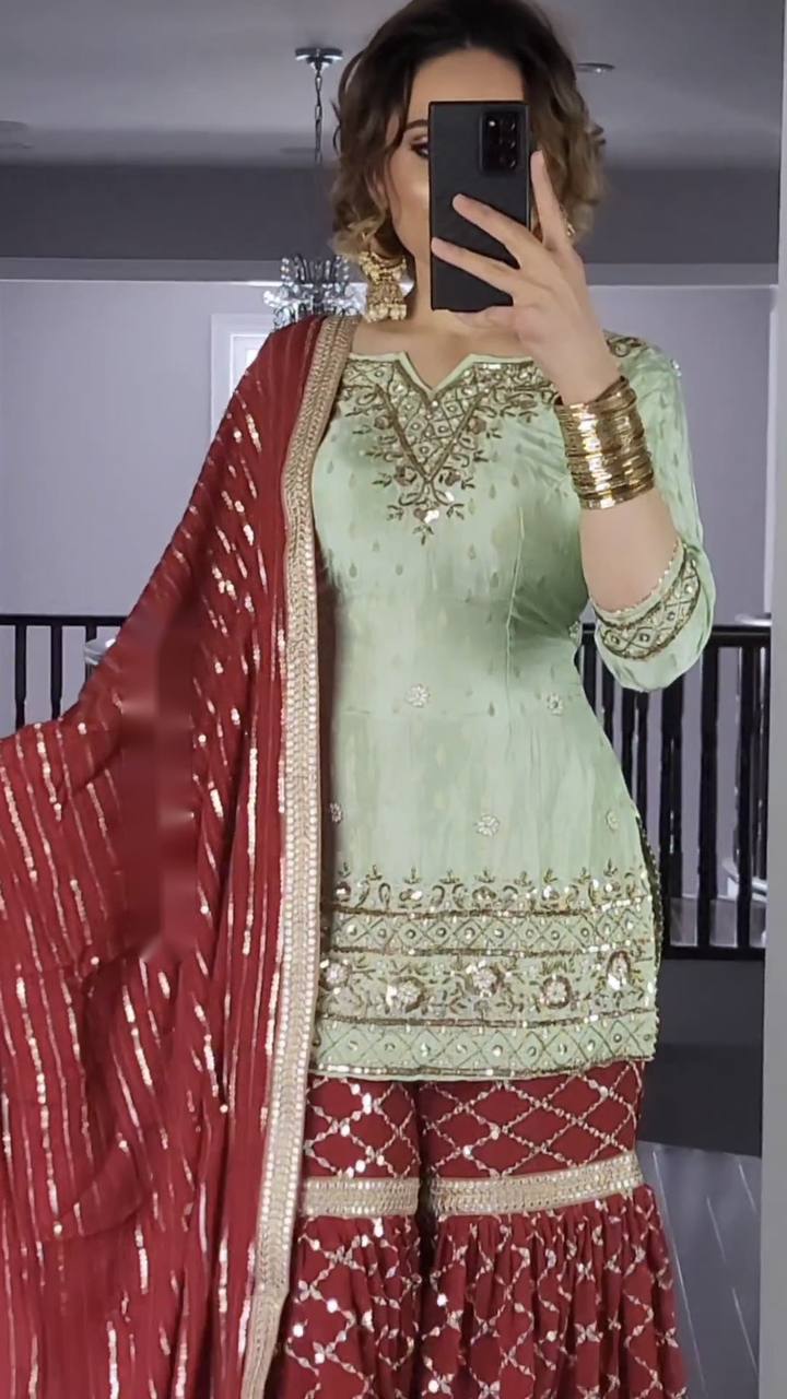 Pista And Maroon Embroidery Sequence Work Sharara Suit