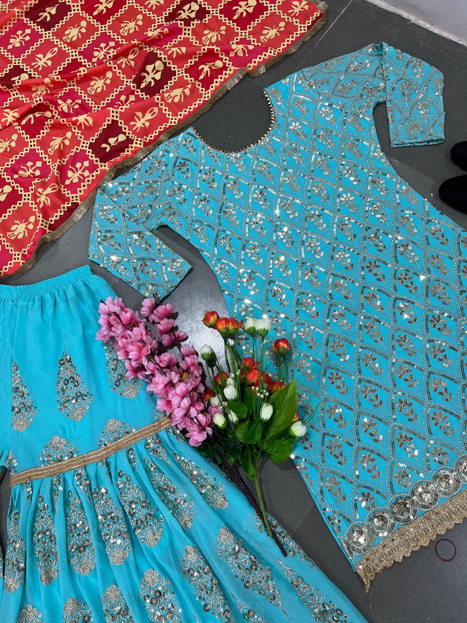 Sky Blue Color Sequence Work Shiny Sharara Suit