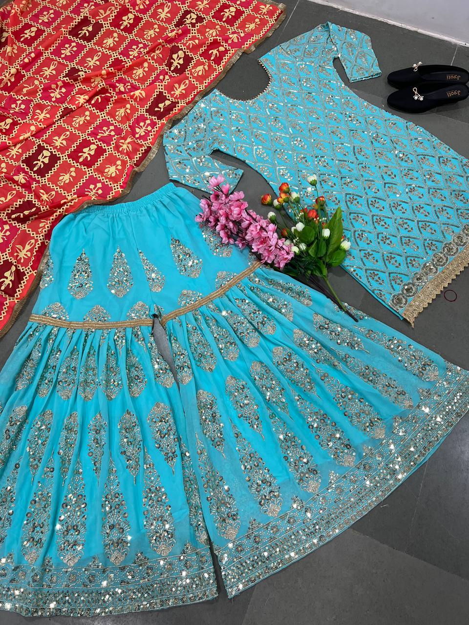 Sky Blue Color Sequence Work Shiny Sharara Suit